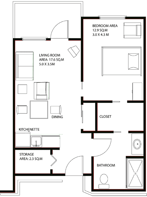 Assisted Living Floorplan: 550 Sq.Ft.